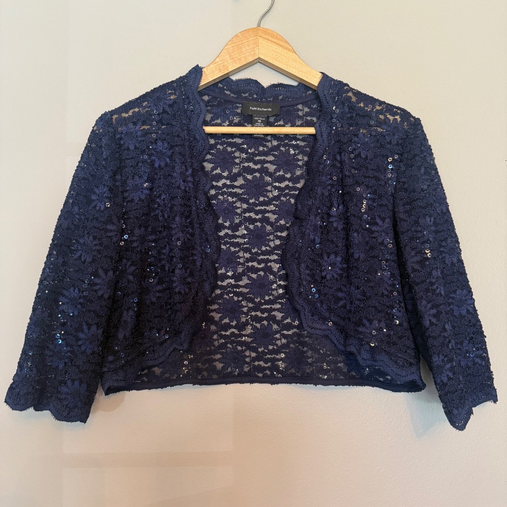 R&M Richards Navy Blue Sequin Floral Lace Bolero Shrug Jacket Womens 16